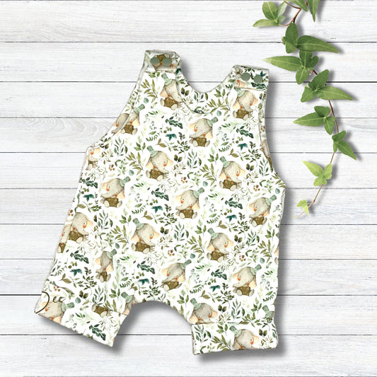 Bute Baby elephant and greenery print short summer romper with matching snaps