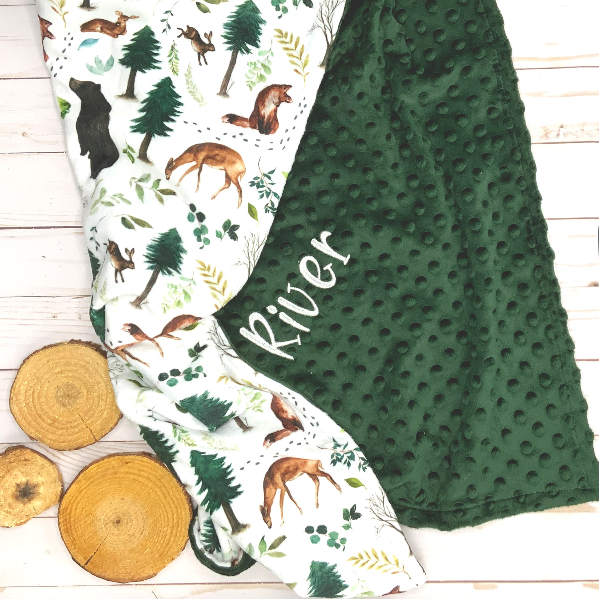personalized embroidered wildlife and green minky baby blanket