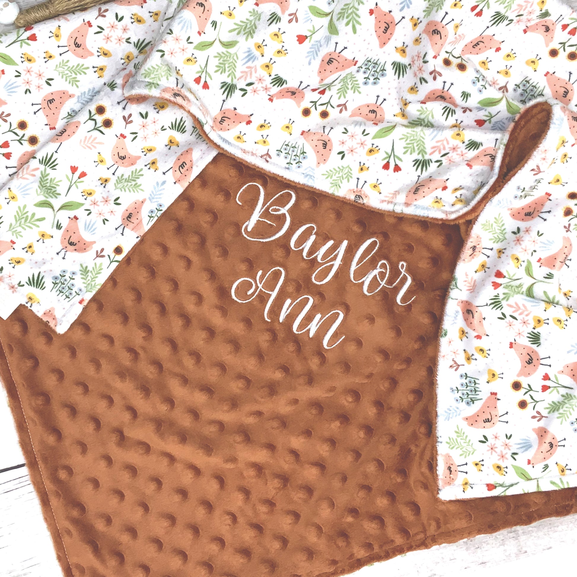 minky blanket with country chicken print, personalized with embroidered name