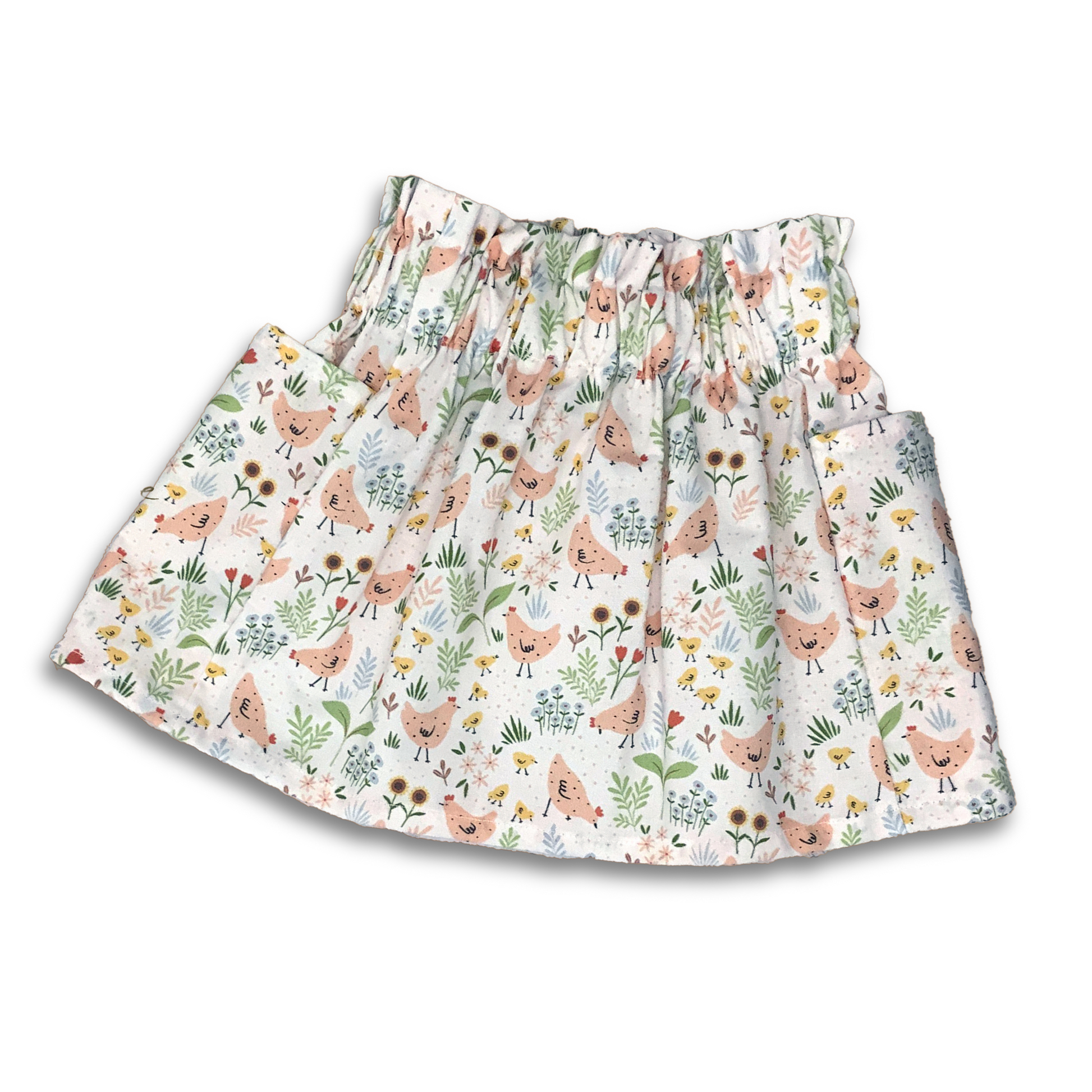 Cute retro chicken print on a white background.  Paper bag waist cotton pocket skirt