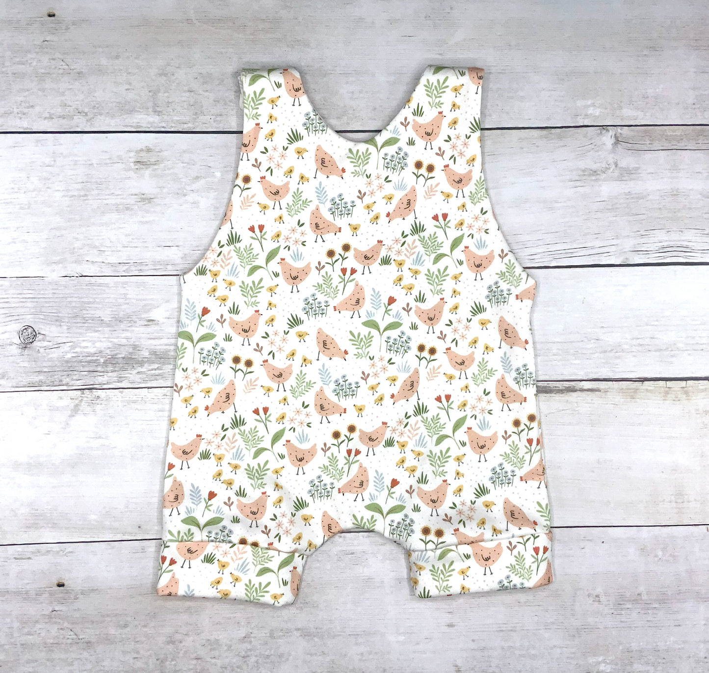 Fun Retro Chicken Country  Print  Short Romper, Organic Cotton, Baby & Toddler Girls Summer Outfit