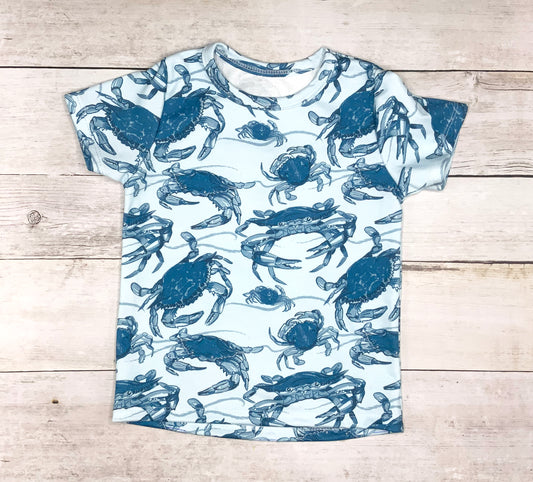 Blue Crab Print T-Shirt, 100% Organic Cotton, Size 3T