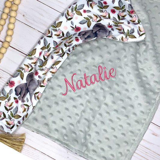 Baby Elephant Custom  Minky Baby Blanket or Lovie, Personalized with Embroidery