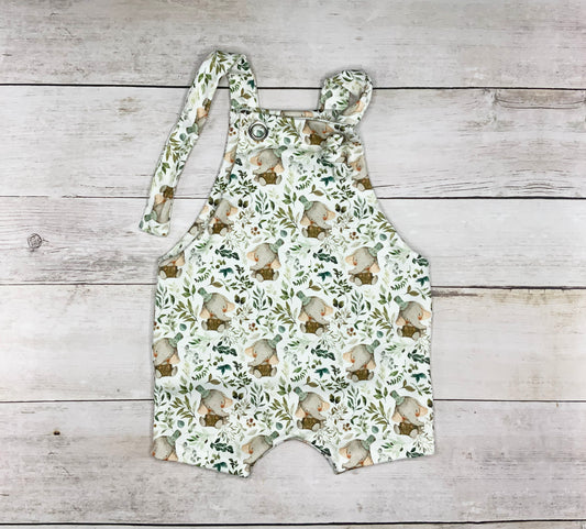 Knotted Shortalls, Overalls With Cute Baby Elephant Print, Gender Neutral, Size 0-3 Months