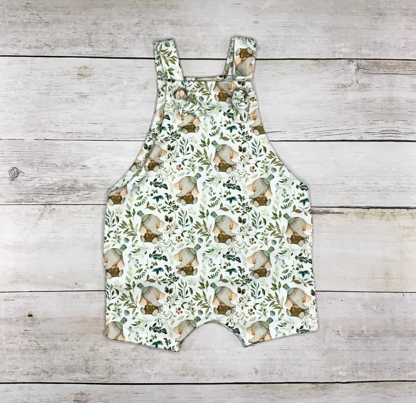 Knotted Shortalls, Overalls With Cute Baby Elephant Print, Gender Neutral, Size 0-3 Months