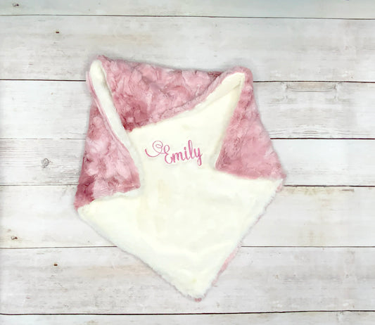pink and white personalized embroidered baby blanket made of high quality thick minky fabric