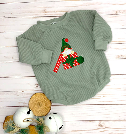 Christmas Gnome Embroidered Sweater Romper, 100% Organic Cotton