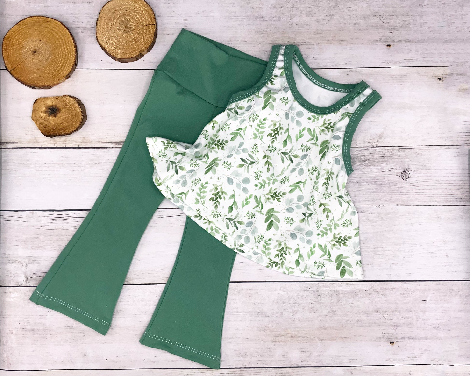 Swing Top with Green Leaves print and matching solid green flared leggings