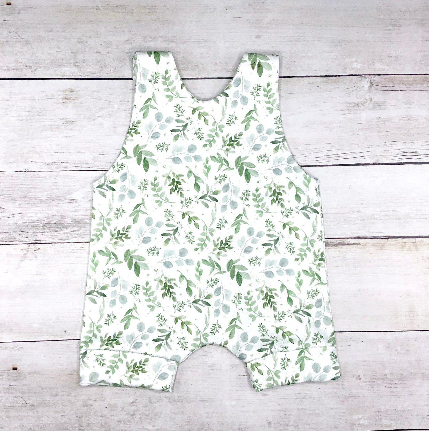 Watercolor Green Leaves  Print  Short Romper, Organic Cotton, Baby & Toddler Girls Summer Outfit