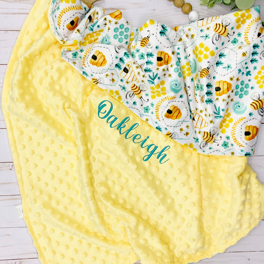 personalized yellow and honey bee print baby minky blanket