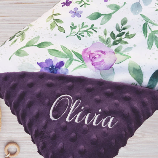 lavender floral print personalized embroidered baby minky blanket
