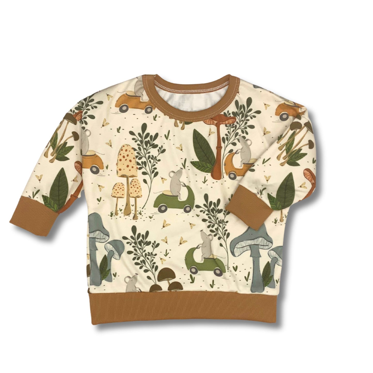 Organic Long Sleeve Dolman, Mushrooms & Cute Mouse on a Scooter