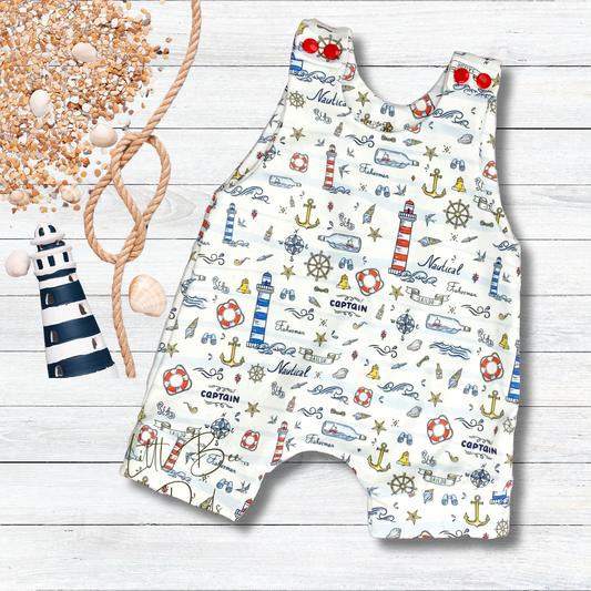 Short Nautical Themed Baby Romper, Organic Cotton