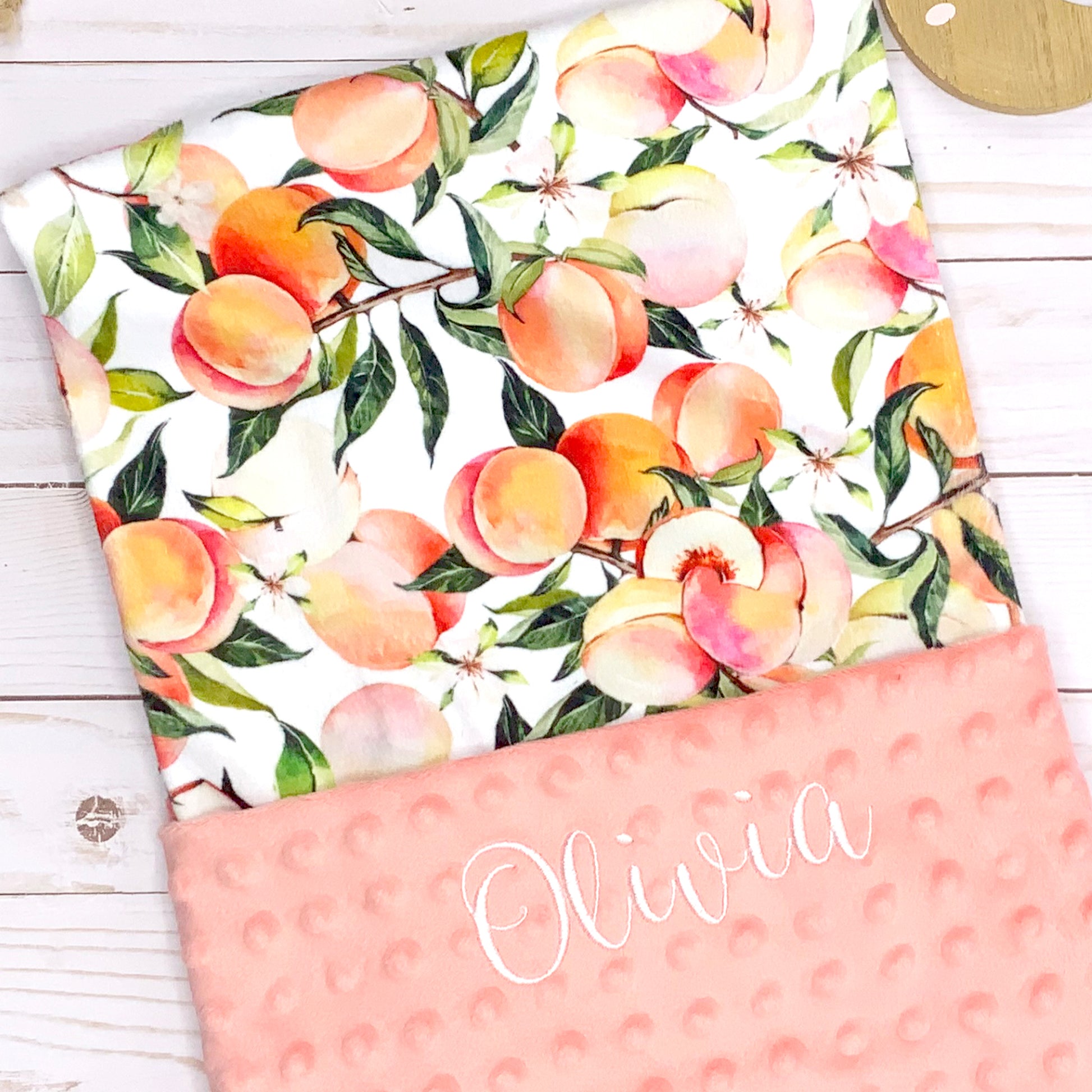pretty peach and pink personalized minky baby blanket