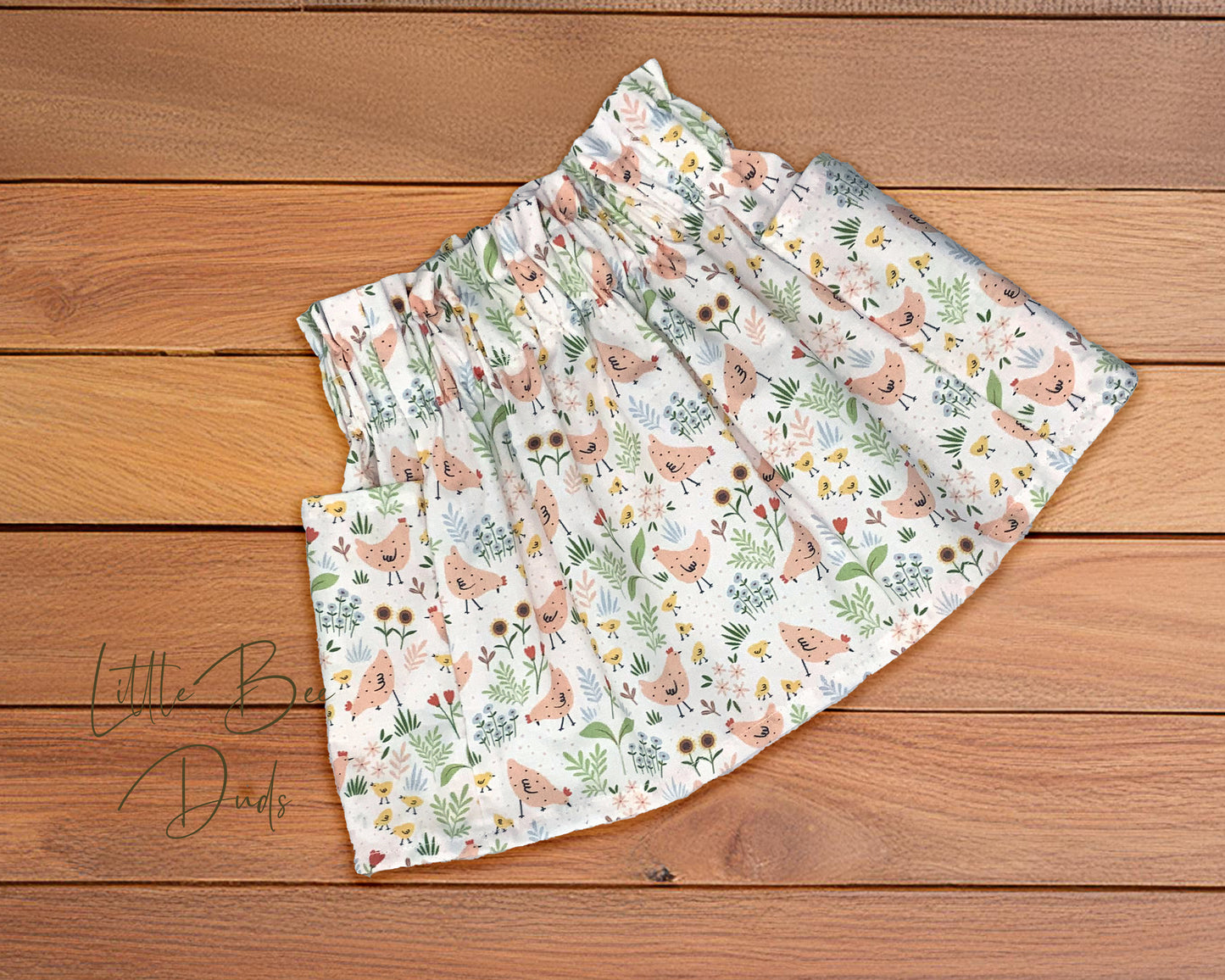 Country Retro Chicken Print Paper Bag Waist Cotton Pocket Skirt
