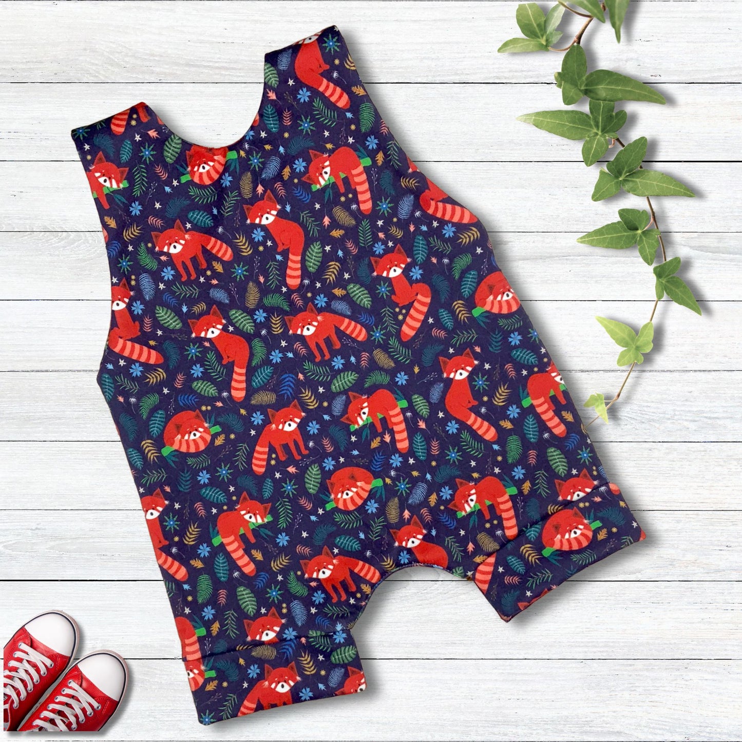 Handmade Organic Cotton Short Romper, Red Panda Print,Size 0-3 Months, Ready to Ship