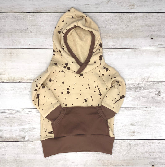 Baby and toddler hoodie in raisin color splatter pattern with pocket