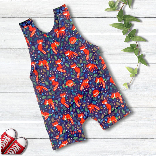 Handmade Organic Cotton Short Romper, Red Panda Print,Size 0-3 Months, Ready to Ship