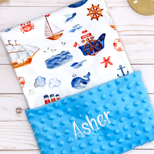 baby minky blanket with a nautical theme, personalized embroidery