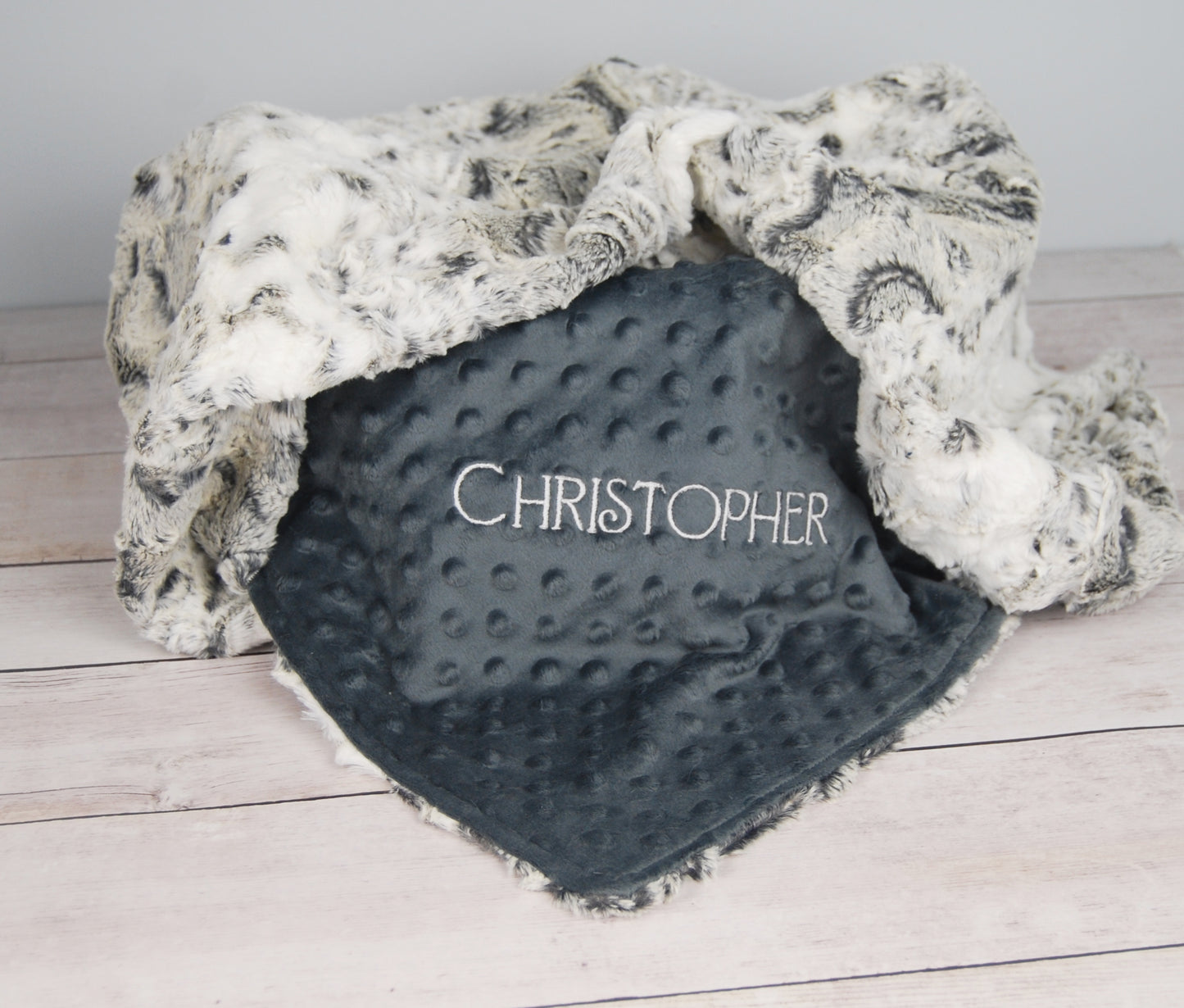 luxury snowy owl print and grey minky baby blanket, personalized embroidered name