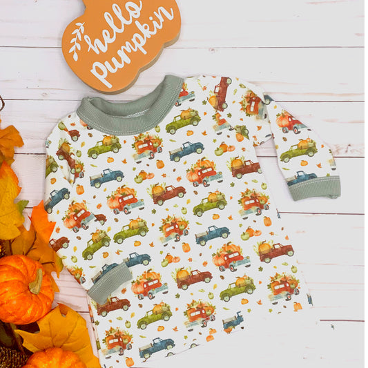 Vintage Truck Loaded with Pumpkins Print Organic Cotton Long Sleeve T-Shirt