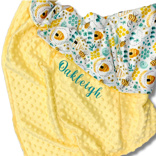 Busy Bees Yellow  Baby Minky Blanket, Personalized with Embroidery