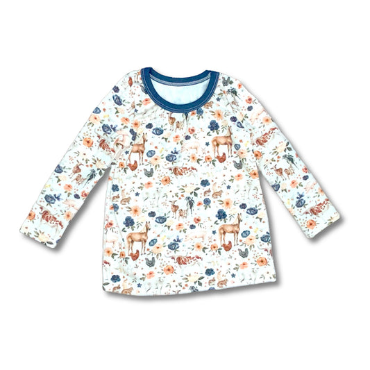 Country Blue Farm Animal Print Long Sleeve Top