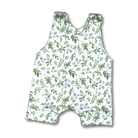 Watercolor Green Leaves  Print  Short Romper, Organic Cotton, Baby & Toddler Girls Summer Outfit