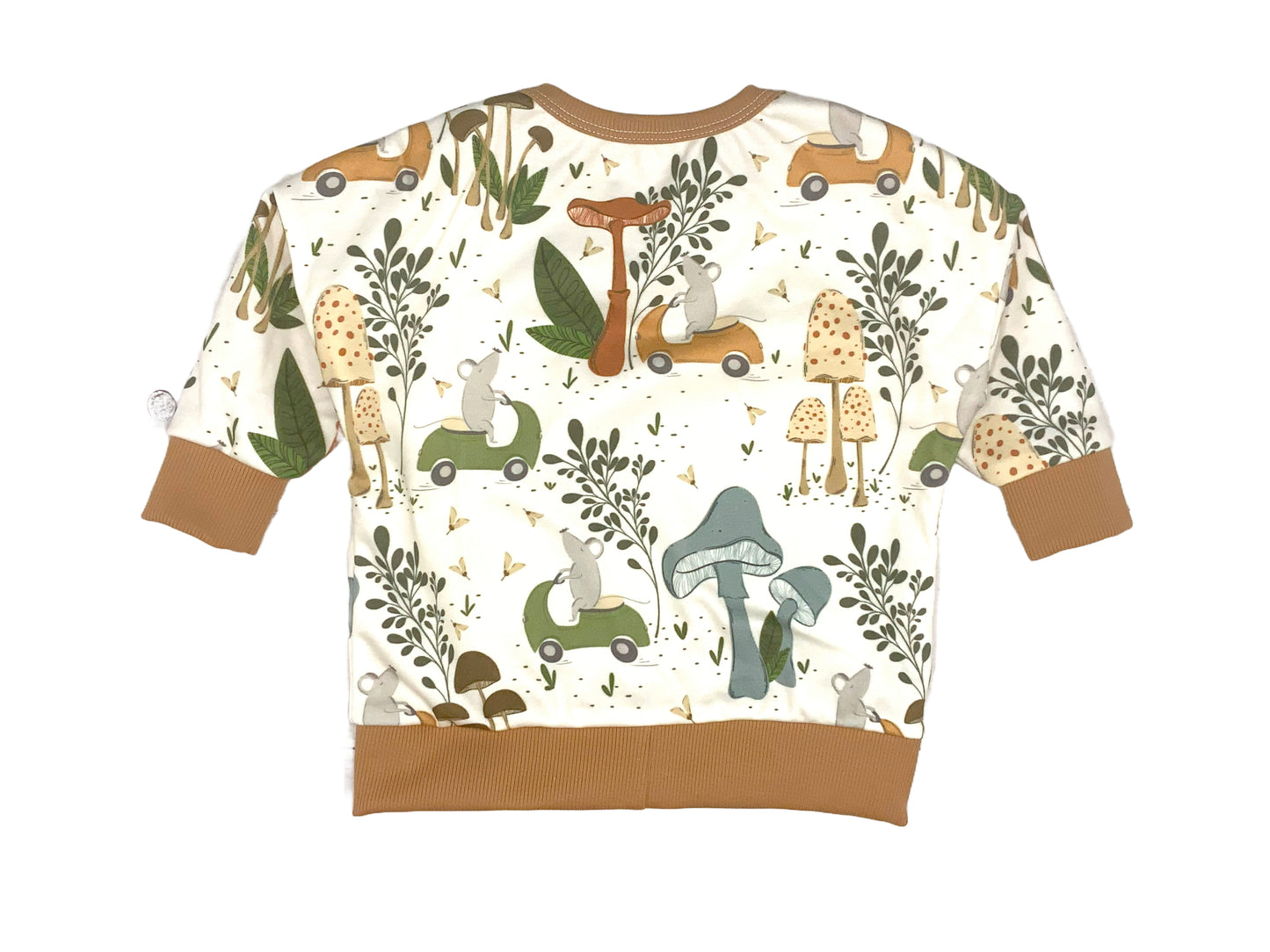 Organic Long Sleeve Dolman, Mushrooms & Cute Mouse on a Scooter