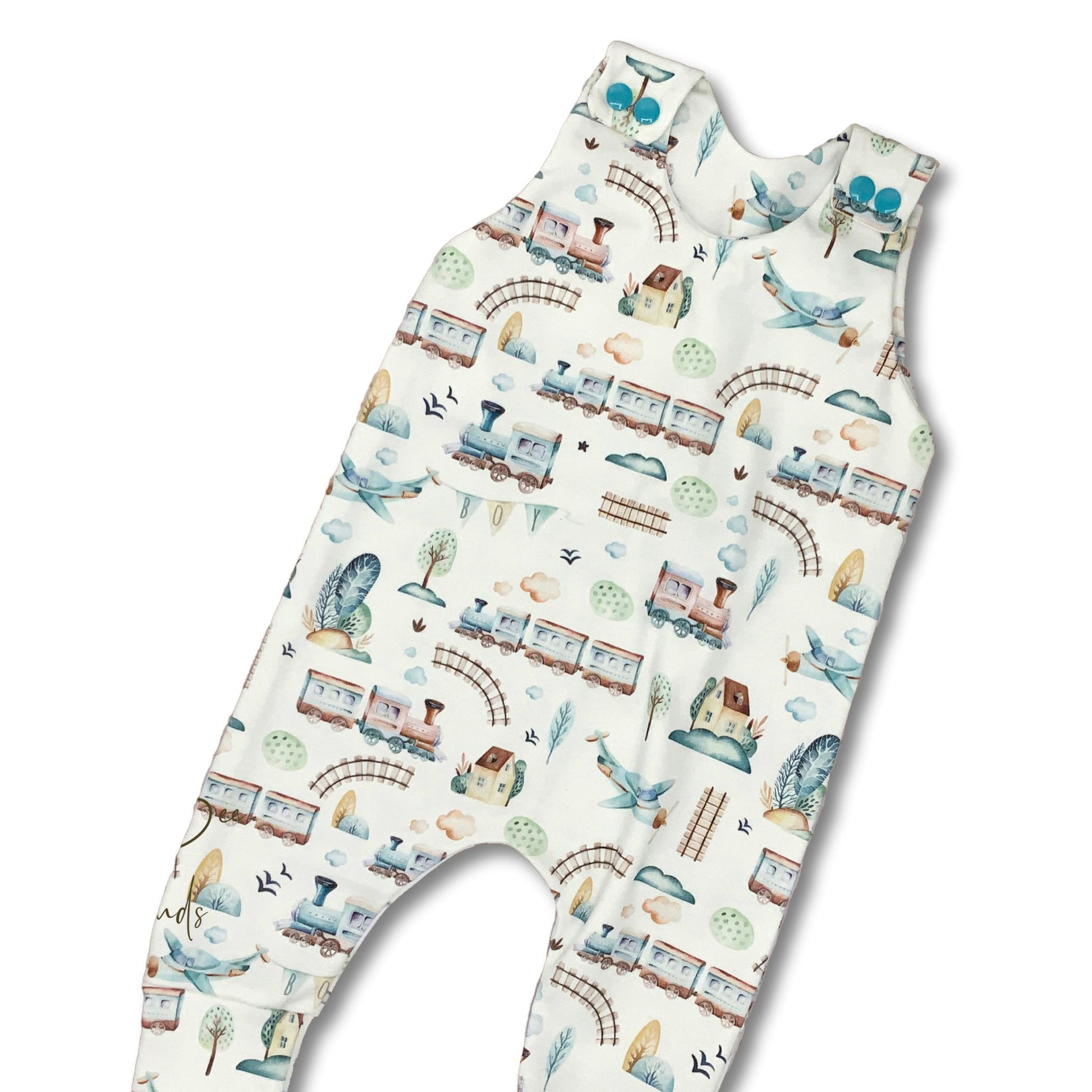 Cute watercolor planes and trains print long romper.  Shades of blue and tan on a white background