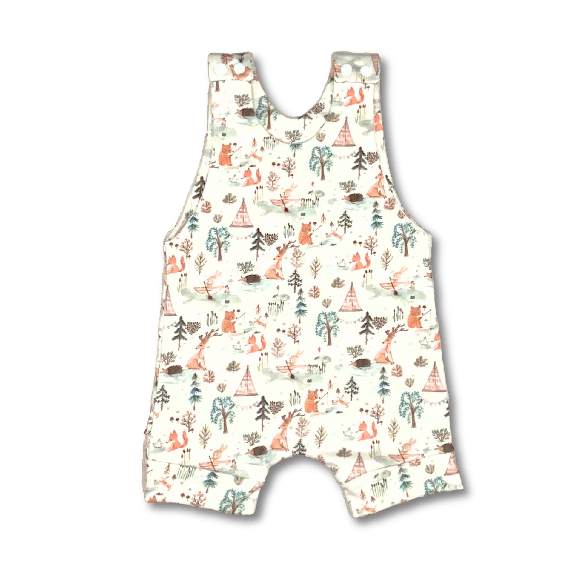 Short summer romper with forest wildlife camping and fishing.  The print has bear, deer and more fishing and camping