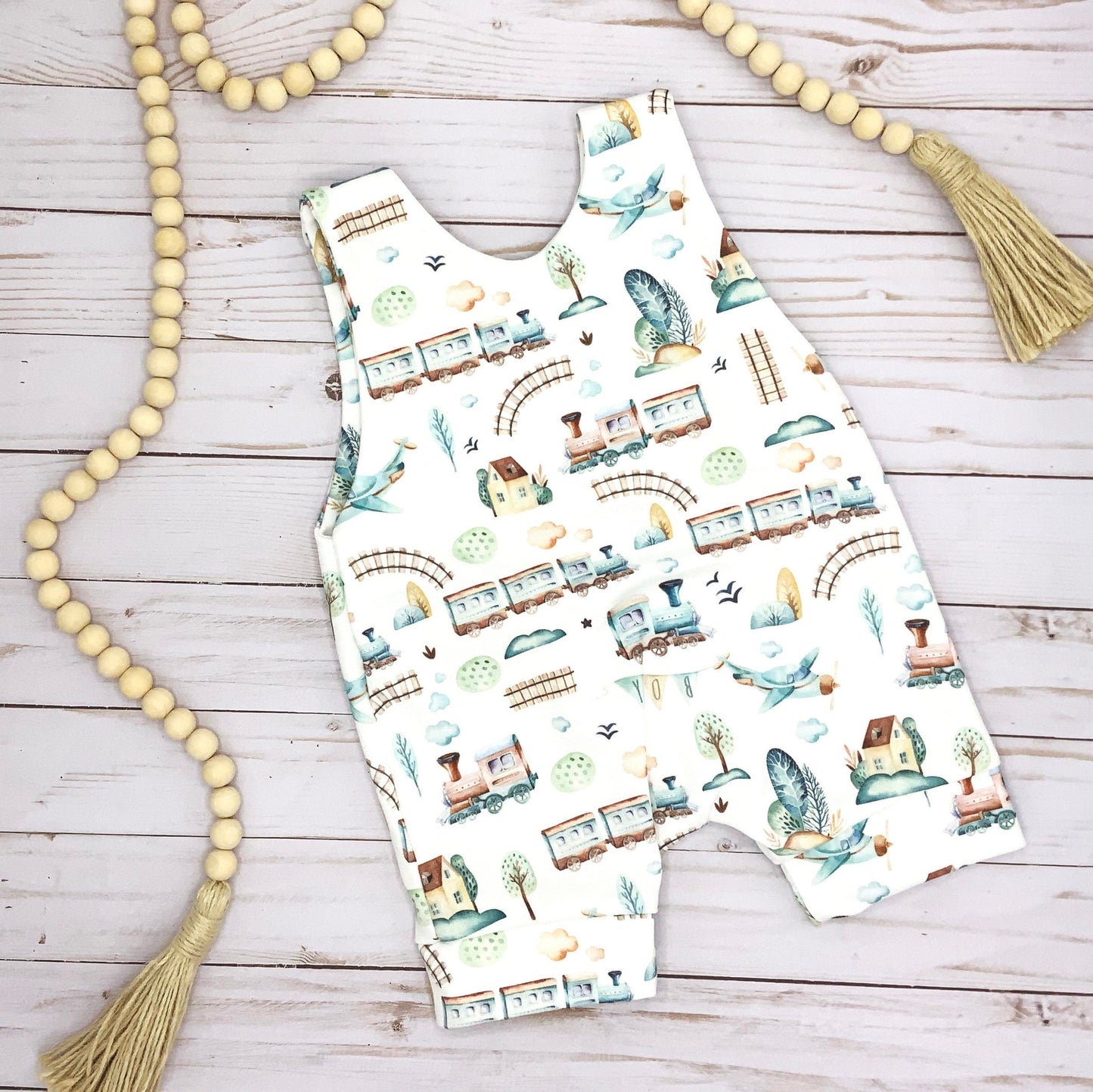 Planes and Trains  Short Romper,100 % Organic Cotton