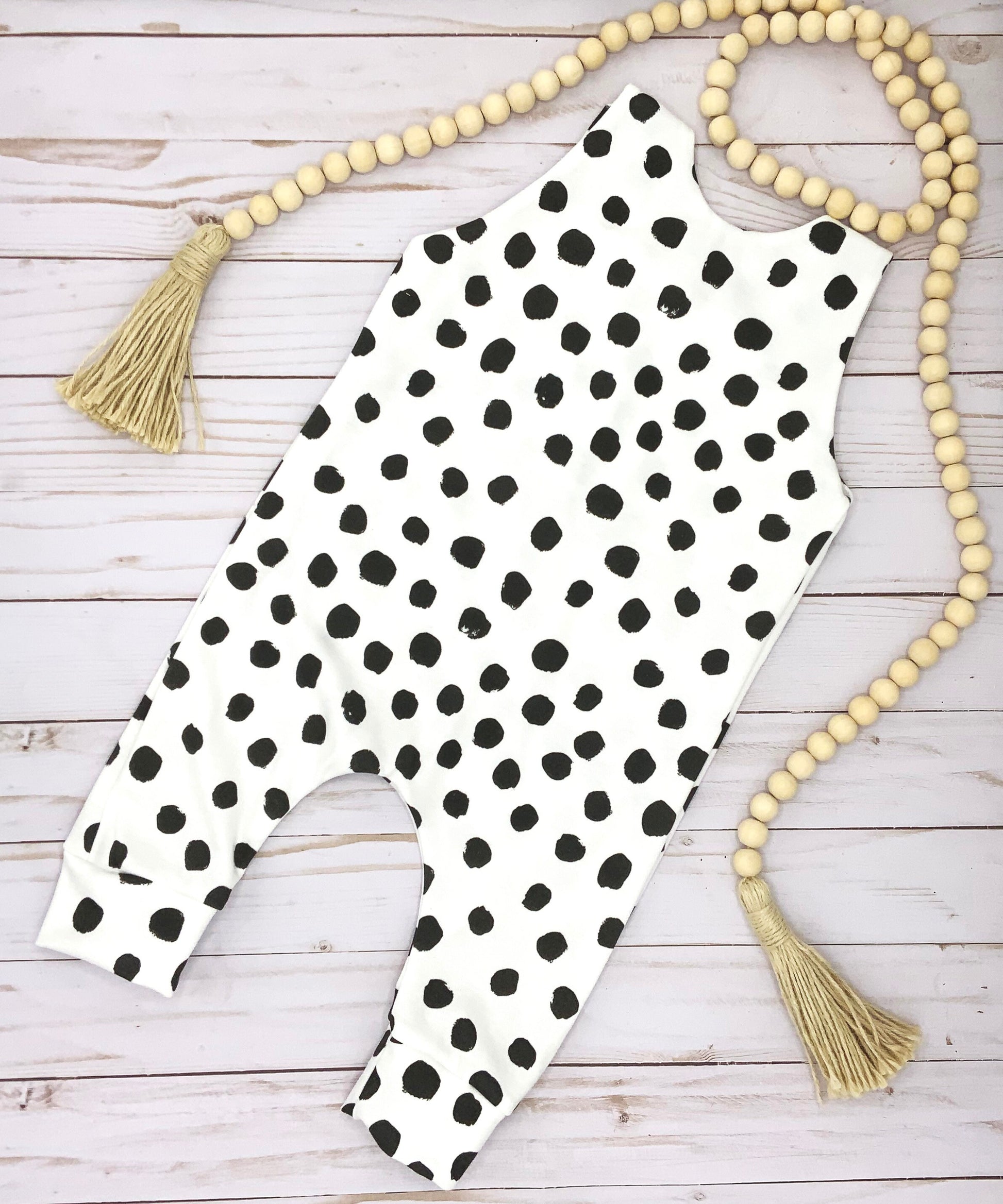 White with black dots Organic harem romper for infants and toddlers