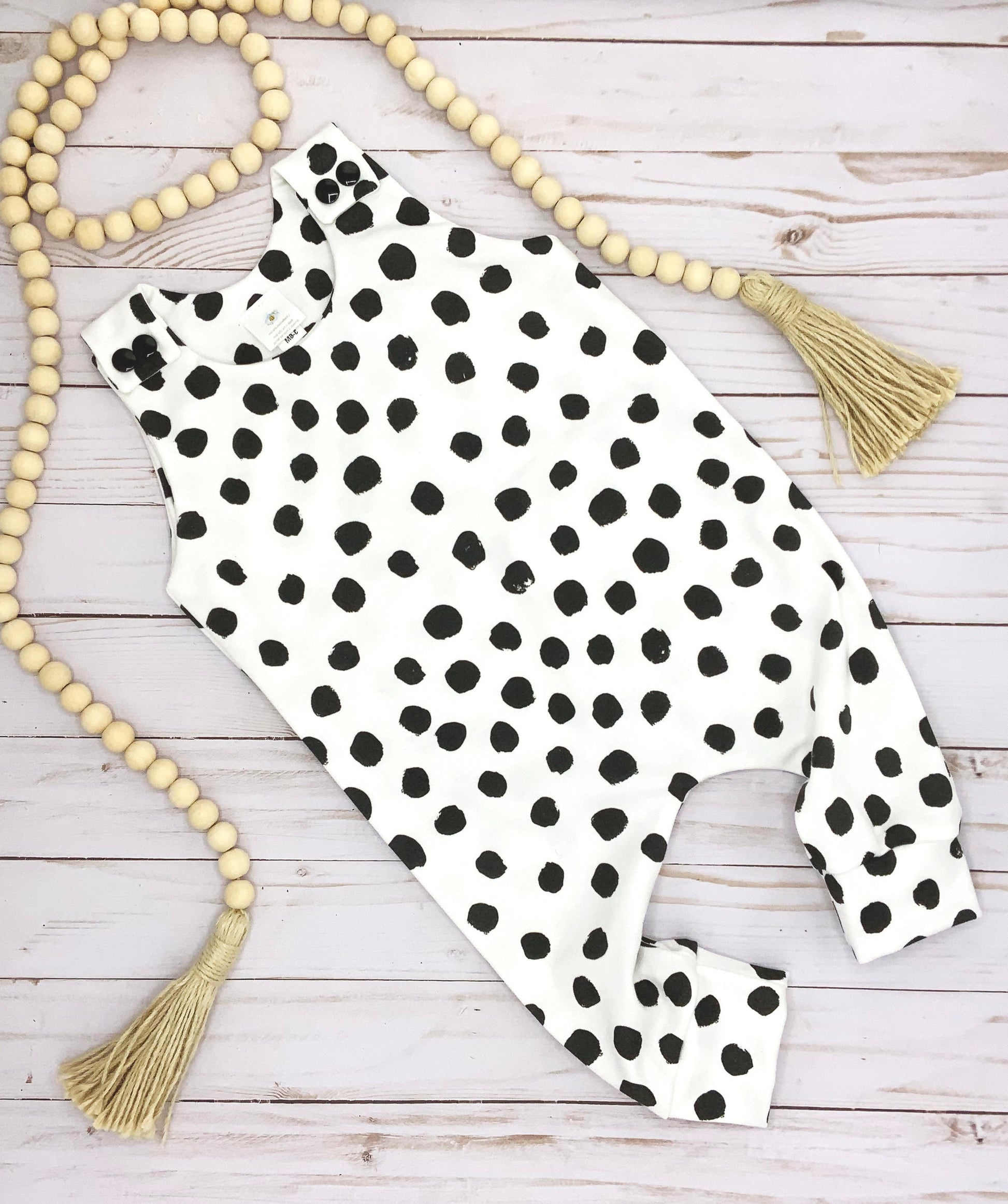 White with black dots Organic harem romper for infants and toddlers
